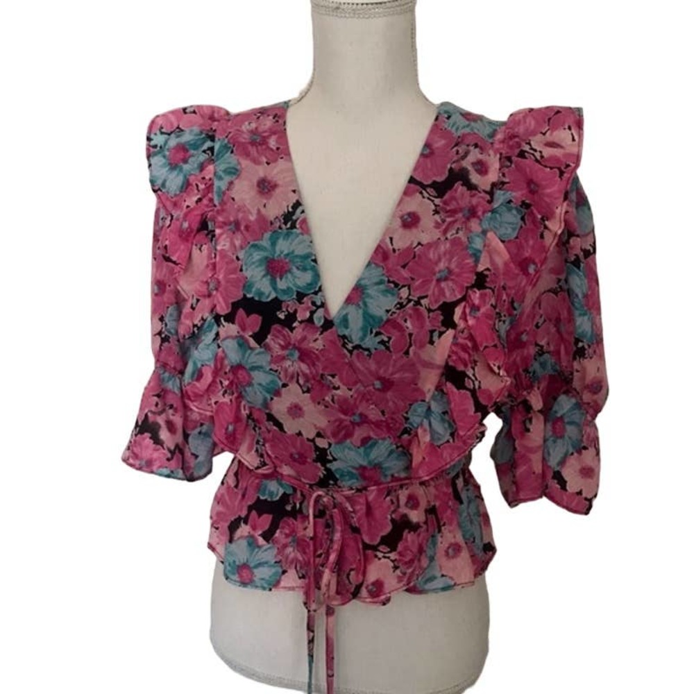 WAYF Colorful Floral Print Wrap Blouse Puff Sleeve